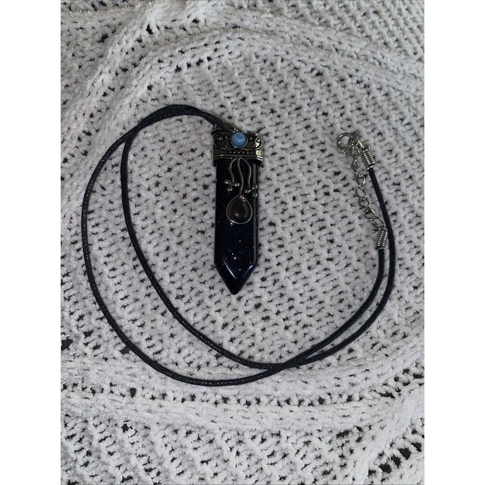 Blue Sandstone Healing Crystal Point Pendant/Pendulum Necklace Ornate
